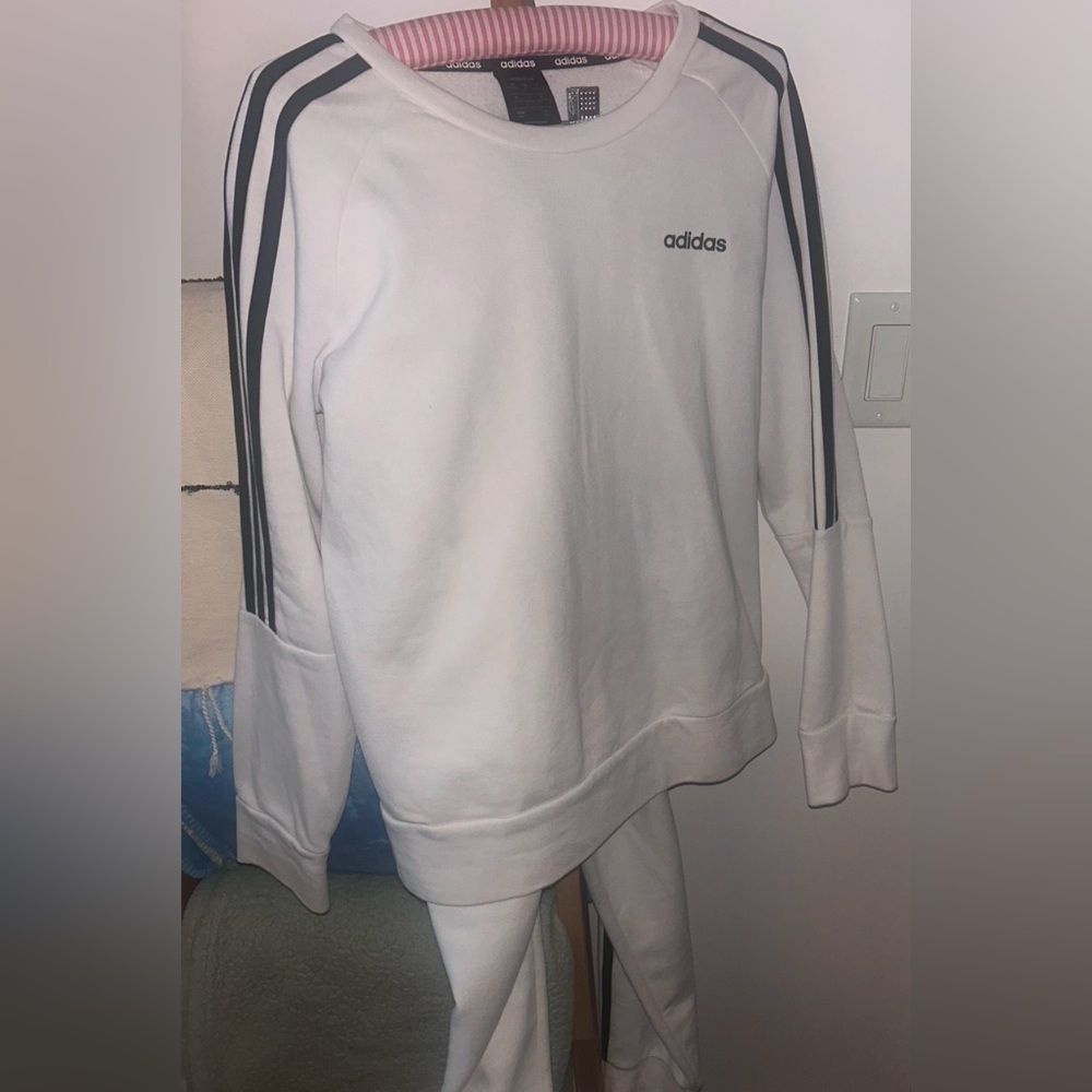 Adidas White 3-Stripes Tracksuit Set (Sweatshirt + Joggers)